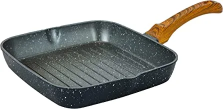 Royalford Square Grill Pan, Granite Coated Die-Cast Aluminium, RF10764 | 2 Pouring Spouts | 24cm Non-Stick Cookware Fry Pan | Strong Wood-finish Bakelite Handle | 4mm Thickness