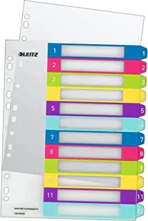 Leitz A4 WOW 1-12 ، فهرس قابل للطباعة بواسطة الكمبيوتر ، عريض للغاية ، بلاستيك شديد التحمل ، أبيض / متعدد الألوان