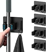 SHOWAY Broom Mop Holder Wall Mount, Wall - Mount - Mop Clips 4 Pack Self-Adhesive Mop Grippers Heavy Duty Broom Hanger for Laundry Room Garden Tool Holder Bathroom Accessories (Black)