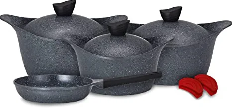 LAHOYA 9 قطع Ceradeux / Granite Cookware Set رمادي غامق رخامي طلاء غير لاصق وعاء للمقالي مقلاة Slicon Grip (80009DG)