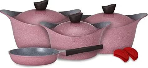 Lahoya 9 Pcs Ceradeux/Granite Cookware Set Aluminum Cheery Marble Nonstick Coating Stock Pot Fry Pan Slicon Grip (80009Ch)