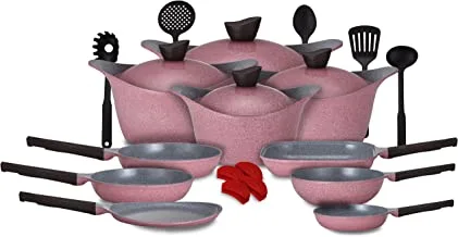 Lahoya 23 Pcs Ceradeux/Granite Cookware Set Aluminum Nonstick Coating Stock Pot, Fry Pan, Wok Pan, Pancake Pan, Grill Pan, Kitchen Tool, Slicon Grip, Cherry Marble, 23 Pcs, 80023CH
