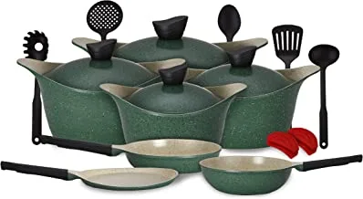Lahoya 18 Pcs Ceradeux/Granite Cookware Set Aluminum Kale Green Marble Nonstick Coating Stock Pot Fry Pan Wok Pan Pancake Pan Slicon Grip Kitchen Tool (80018Kg)