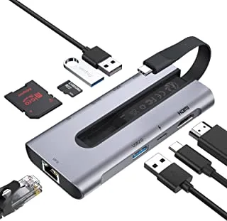 ESR 8-in-1 Portable Hub, USB-C Hub with Gigabit Ethernet, 4K@30Hz HDMI, 100W PD, 2 USB 3.0 Ports, 1 USB 2.0 Port, SD Card Reader, Compatible with iPad 10/Pro 11/12.9, MacBook Pro, and USB-C Devices