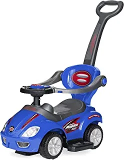 Funzz Deluxe Mega Car 3 في 1 سيارة دفع خارجية للأطفال الصغار للركوب على عربة لعبة اللعب مع مقبض درابزين وقرن وموسيقى أزرق