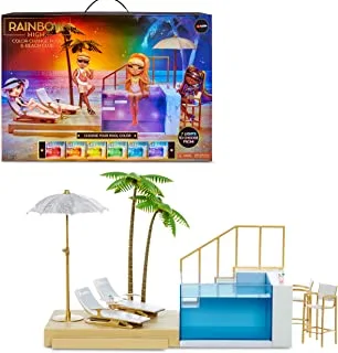 RAINBOW HIGH Color Change Pool & Beach Playset : 7 in 1 Light Up Multicolor Changing Pool, Adjustable Umbrella, and Pool Accessories. Fits 7 Fashion Dolls, Toy Gift for Kids Ages 6 7 8+ to 12 578475