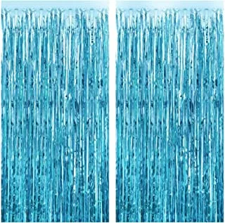 FECEDY 2pcs 3ft x 8.3ft Light Blue Metallic Tinsel Foil Fringe Curtains Photo Booth Props for Birthday Wedding Engagement Bridal Shower Baby Shower Bachelorette Holiday Celebration Party Decorations