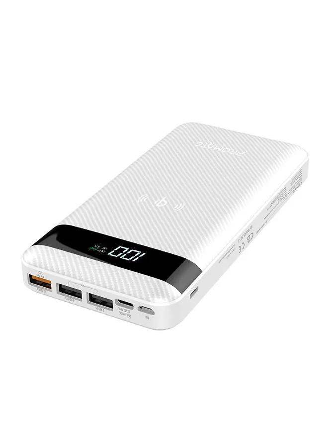 PROMATE 20000 mAh Qi Wireless Charging with 20Watt PD & QC 3.0 White