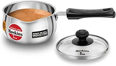 Hawkins Stainless Steel Induction Compatible TPan (Saucepan) with Glass Lid, Capacity 1 Litre, Thickness 0.9 mm, Silver (SST10G)