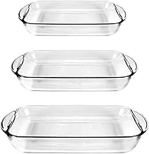 Windcera Rectangle Tempered Glass Bake Ware - Baking Pan Set Of 3 - PCS - With Handle And Box Pack - 1l + 1.6l + 2.2 l