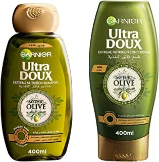 Garnier Ultra Doux Mythic Olive Shampoo, 400 ml with Mythic Olive Conditioner, 400 ml - Pack of 1