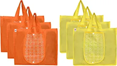 Fun Homes Shopping Grocery Bags Foldable, Washable Grocery Tote Bag with One Small Pocket, Eco-Friendly Purse Bag Fits in Pocket Waterproof & Lightweight (Set Of 6,Orange & Yellow)