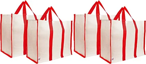 حقائب تسوق بقالة قماشية من فن هومز بمقابض مقواة - عبوة من 4 (كريمي وأحمر)