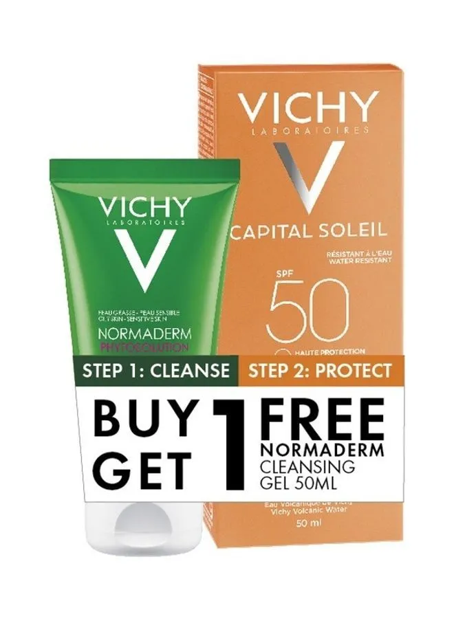 Vichy Buy 1 Capital Soleil Dry Touch Sun Protection احصل على جل منظف Normaderm مجانًا للبشرة الدهنية والمختلطة أبيض 50 مللي