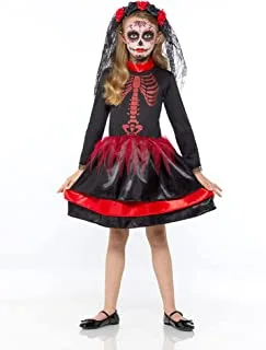 أزياء جنون لباس أحمر يوم الموتى سينوريتا هالوين للأطفال ، كبير