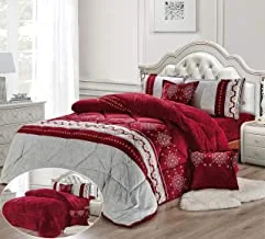 Moon Warm And Fluffy Winter Velvet Fur Reversible Comforter Set, King Size (220 X 240 Cm) 6 Pcs Soft Bedding Set, Horizontal Wave Stitched With Floral Design Printed Pattern, Red