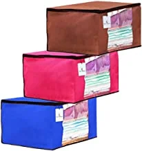 Kuber Industries 3 Piece Non Woven Fabric Transparent Window Clothes Organizer Set(Brown, Pink And Royal Blue), 44X31X22 Cm