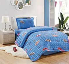 Kids Reversible 3Pcs Compressed Comforter Set, Soft Breathable Bedding Set For Boys And Girls, Single Size 150 X 200Cm, Modern,Trendy Print Design With Sqaure Box And Wrapping Edge Stitch, Multi-Color