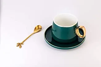 Home Concept 3-Piece Ceramic Cup And Saucer Set, Green/White/Gold