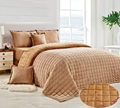Soft Cozy Velvet Sherpa Fleece Reversible Winter Comforter Set, King Size (220 X 240 Cm) 6 Pcs Warm Bedding Set, Square Stitched Pattern, Scym, Beige