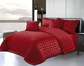 Double Sided Velvet Comforter Set For All Season, 4 Pcs Soft Bedding Set, Single Size (160 X 210 Cm), Classical Double Side Small Box Stitched Pattern, Sc, Red