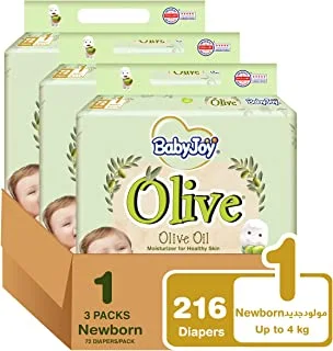 Babyjoy Olive Oil, Size 1, Newborn, 0-4 Kg, Mega Box, 216 Diapers