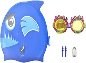 Hirmoz Swim Cap Animal Design Set For Kids Swimming Goggle With Ear Plugs And Nose Clips, Blue