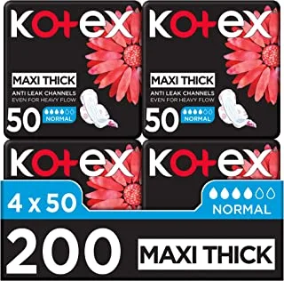 Kotex Maxi Protect Thick Pads, Normal Size Sanitary Pads with Wings, 200 Sanitary Pads