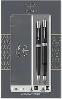 Parker 9528 Sonnet Duo Gift Set With Ballpoint Pen & Rollerball Pen, Black Ink Refill & Cartridge, Black & Chrome Trim