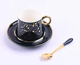 Home Concept 3-Piece Fine Bone Ceramic Cup & Saucer Set With Spoon, Dark Blue/Gold, AR-311-2