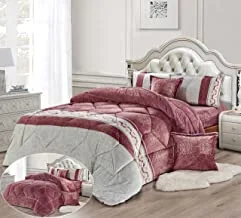 Moon Warm And Fluffy Winter Velvet Fur Reversible Comforter Set, 6 Pcs Soft Bedding Set, Modern Stitched Embossed Floral Design, King Size 220 X 240 Cm, Green