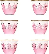 Soleter Cawa Set of Arabic Porcelain Coffee Cups | Traditional Design | Excellence in presentation | Pink & Gold Line with Jasmine Flower Iron Holder | Set of 6