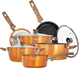 Royalford Classi Bronze Series Forged Aluminium Cookware Se, Rf9769, 10 Pieces 3Layer Granite Coated Scratch Resistant, Tempered Glass Lids 2.5Mm Body Thickness, Bakelite Knobs, And Cd Bottom, Maroon