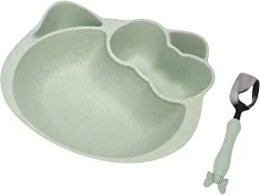 مجموعة أدوات مائدة الأطفال المصنوعة من قش القمح - وعاء بتصميم هرة مع ستانلس ستيل لطيف - أخضر
