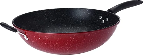 Bister Non-Stick Granite Wok with Two Handle (34cm) | Made of High-Quality | Nonstick with Flat Bottom Suitable for Induction Cooker Halogon Oven and Gas Stove | Black & Red