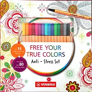Stabilo Point 88 Pen Anti-Stress Coloring Set (15 fineliner pens and 80-page coloring book)