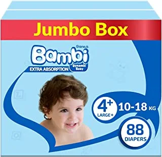 Sanita Bambi, Size 4+, Large+, 10-18 Kg, Jumbo Box, 88 Diapers
