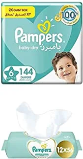 Pampers Baby-Dry, Size 6, 144 Diapers + 672 Sensitive Protect Wet Wipes