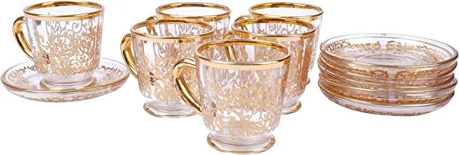 SOLETER Tea and Coffee Glass Cups and Saucers with Gold Trim and Gift Box | British Tea Cups | Set of 6 (Gold)