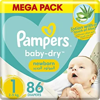 Pampers Aloe Vera, Size 1, Newborn, 2-5kg, Mega Pack, 86 Taped Diapers