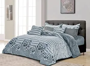 Cozy And Warm Winter Velvet Fur Comforter Set, Single Size (160 X 210 Cm) 4 Pcs Soft Bedding Set, Over Sized Rose Printed Floral Pattern, Mg, Silver