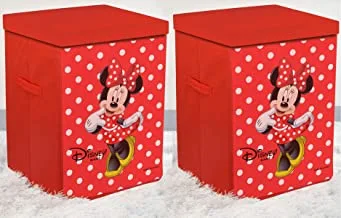 Fun Homes Disney Minnie Print Non Woven Fabric Foldable Laundry Basket, Toy Storage Basket, Cloth Storage Basket with Lid & Handles (Set Of 2, Red)