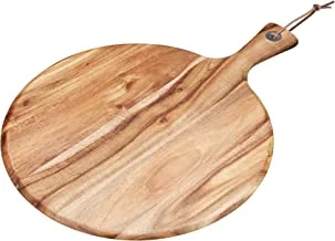 KITCHENCRAFT Natural Elements Acacia Wood Round Serving Paddle, 41x30cm, Faux Leather Tied Tag, Brown