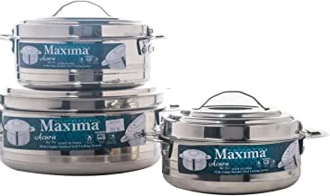 Maxima 3Pcs Stainless-Steel Hotpot With Two Handles | Insulated Bowl Great Bowl For Holiday & Dinner | Keeps Food Hot & Fresh For Long Hours, Silver