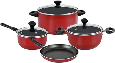 Prestige Cookware sets of 7 Piece- Non-Stick Cast Aluminium | Non Stick Aluminium | Casserole | Sauce Pan | Fry Pan -PR21568- Red