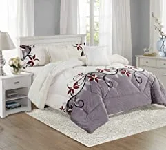 Warm and Fluffy Winter Velvet Fur Reversible Comforter Set, Single Size (160 X 210 Cm) 4 Pcs Soft Bedding Set, Modern Floral And Vertical Striped Pattern, HXYR, OffWhite