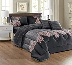 Warm And Fluffy Winter Velvet Fur Reversible Comforter Set, Single Size (160 X 210 Cm) 4 Pcs Soft Bedding Set, Over Sized Rose Floral Design, Jsnh-2, Grey