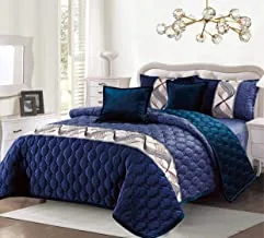 Double Sided Velvet Comforter Set For All Season, 6 Pcs Soft Bedding Set, King Size (220 X 240 Cm), Modern Spiral Print And Geometric Stitched Design, Bl, Blue