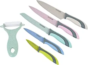 Winsor Knife Set of 6 pcs | Ceramic peeler and 5 Knives-Chef Knife, Bread Knife, Slicer Knife, Utility Knife, Paring Knife | Sharp Stainless Steel Blades | Non Stick Coated Blades-WR6092- Multi-Colour