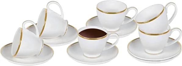 Shallow Bone China Tea Cup and Saucer Set, White/Gold, 180cc, FPR021, 12 Pieces
